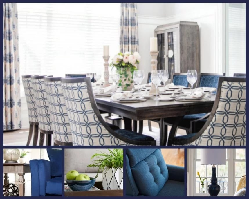 La couleur de l'année 2020 de Pantone, le bleu classique, représentée dans les meubles La-Z-Boys, photo de collage