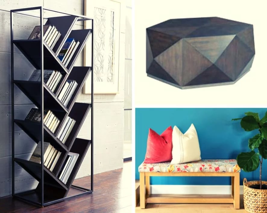 Les exemples de meubles de la tendance Modern Retro Design comprennent une bibliothèque, une table et un banc.
